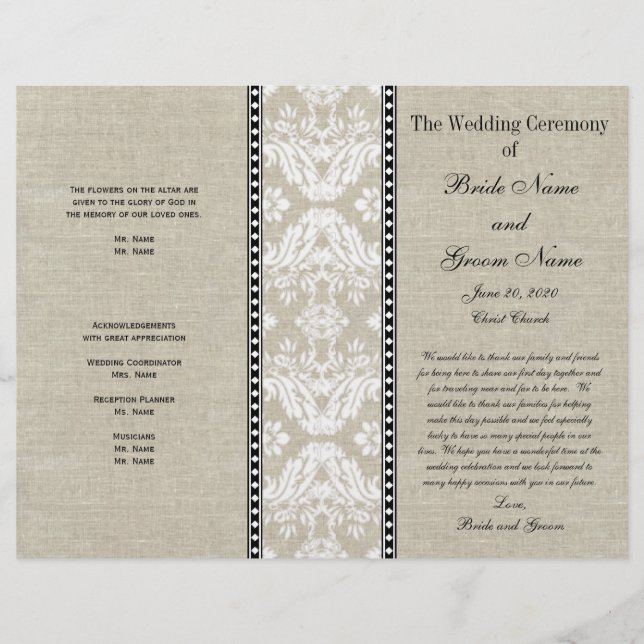 Linen Lace Damask Rustic Wedding Programme (Devant)