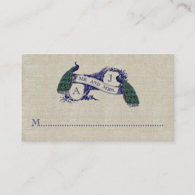 Linen Peacock Rustique Mariage Place Carte (Devant)