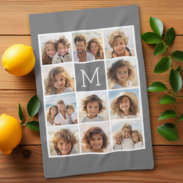 Linge De Cuisine 11 Collage de photos - Grille minimale avec texte (11 Photo Personalized Kitchen Towel)