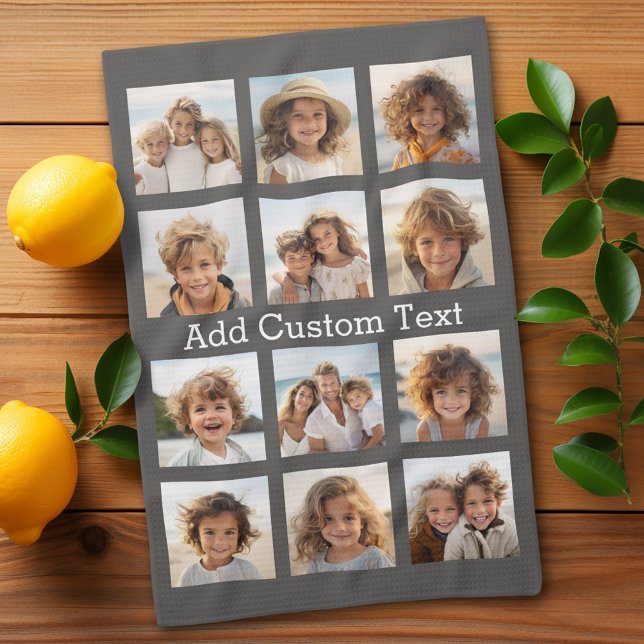 Linge De Cuisine 12 Collage Photo Charbon Gris Moderne Texte (Personalized Kitchen Towel with photos and text - Makes a great gift)