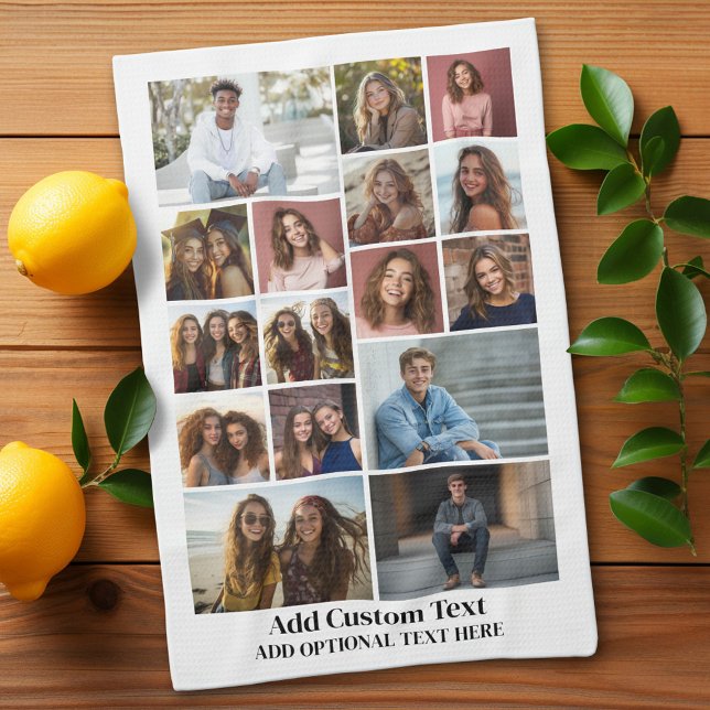 Linge De Cuisine 16 Collage photo - Texte personnalisé - noir et bl (Custom Kitchen Towel with Photo Collage)