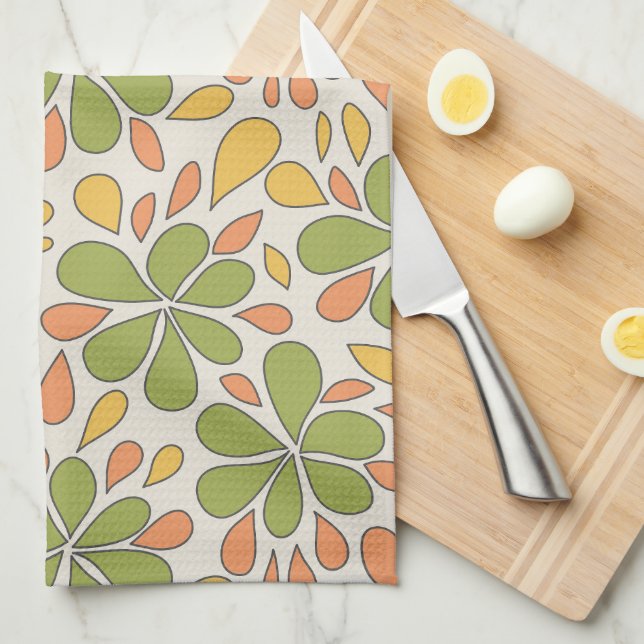 Linge De Cuisine 1970 Fleurs Abstraites rétro Vert Jaune rose (Quart Plié)