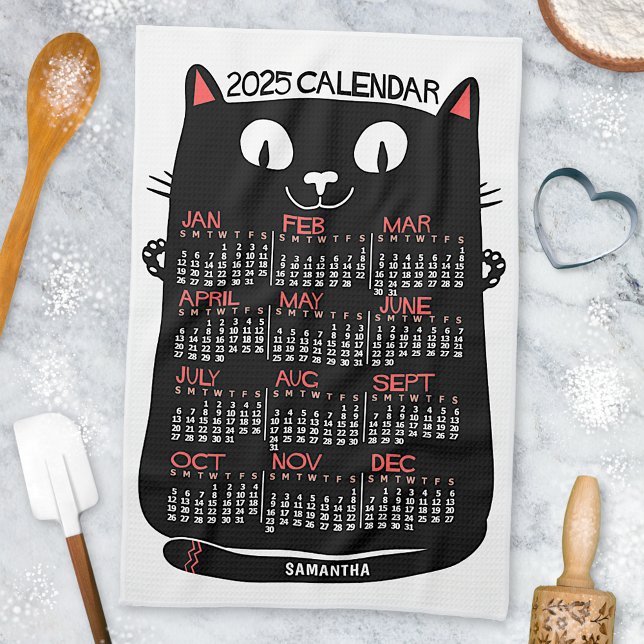Linge De Cuisine 2025 Année Calendrier mensuel Chat noir du milieu  (Créateur téléchargé)