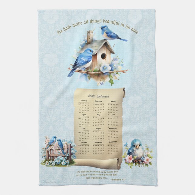 Linge De Cuisine 2025 Calendrier Towel Bluebirds Birdhouse Ecc 3:11 (Vertical)