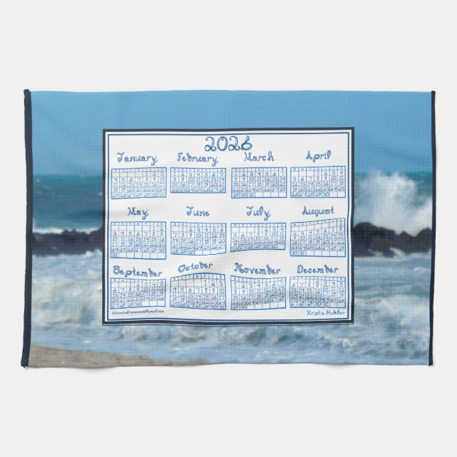 Linge De Cuisine 2026 Calendar Ocean Waves Beach Rocks Fabric Font (Horizontal)