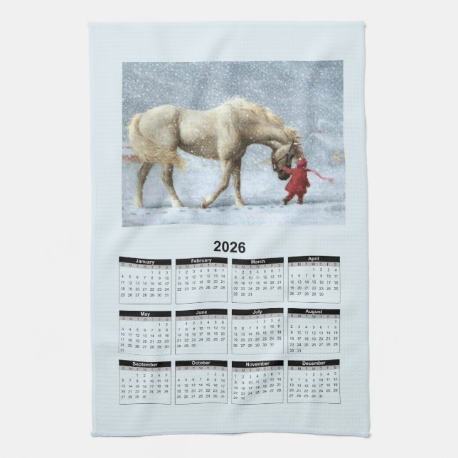 Linge De Cuisine 2026 Calendar of a Horse and Girl in Winter Snow (Vertical)