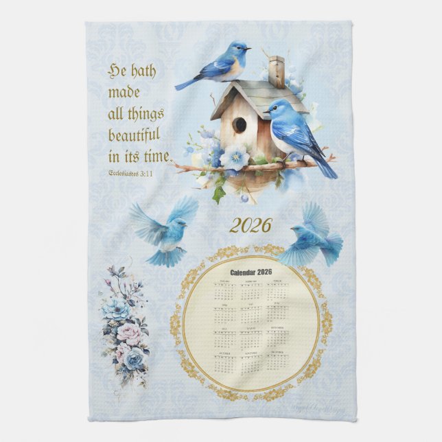 Linge De Cuisine 2026 Calendar Towel Bluebirds Birdhouse Ecc 3:11 (Vertical)