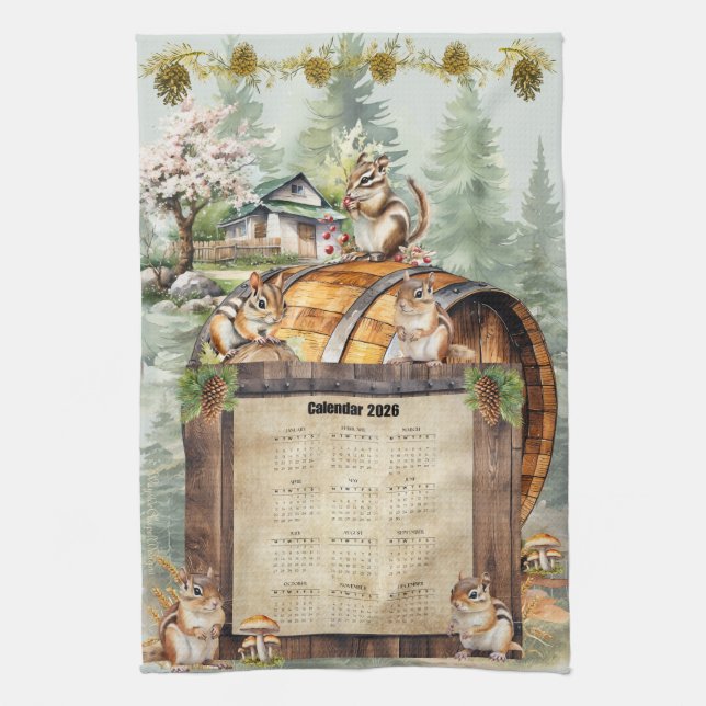 Linge De Cuisine 2026 Calendar Towel Cute Chipmunks (Vertical)