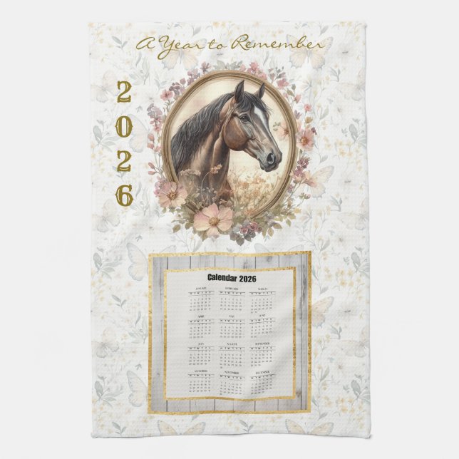 Linge De Cuisine 2026 Calendar Towel  Floral Horse and Butterfly (Vertical)
