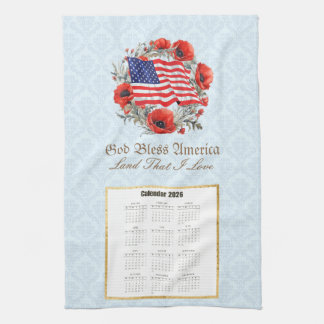 Linge De Cuisine 2026 Calendar Towel God Bless America Flag Poppies