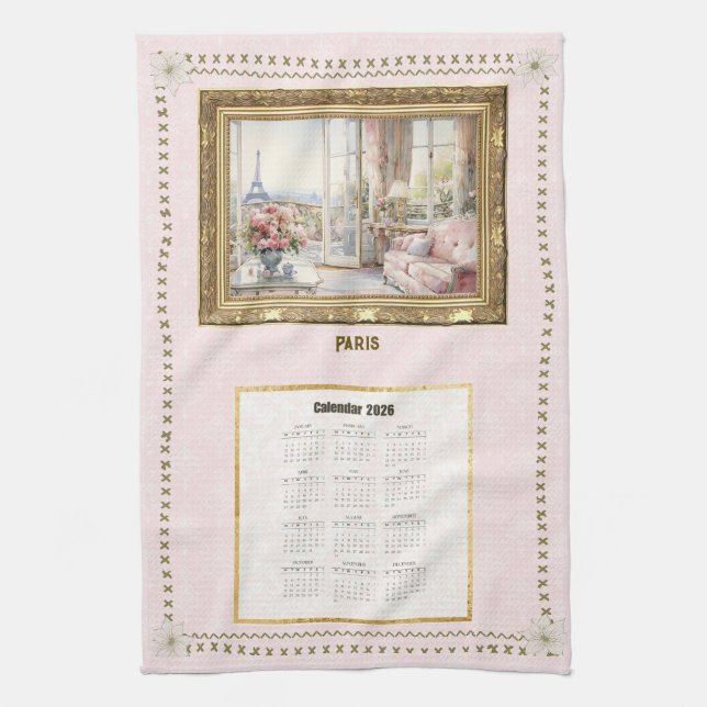 Linge De Cuisine 2026 Calendar Towel Paris View Custom Message (Vertical)