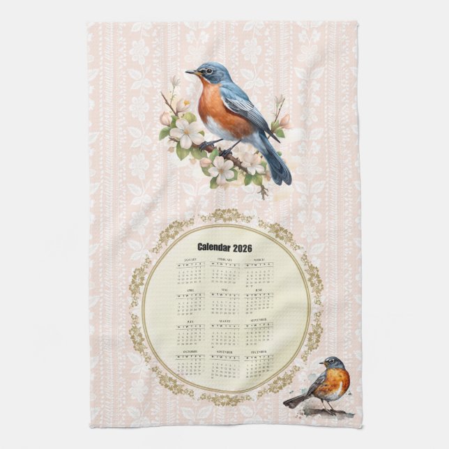Linge De Cuisine 2026 Calendar Towel Robin Bird Peach Damask (Vertical)