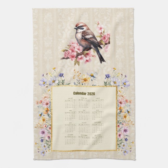 Linge De Cuisine 2026 Calendar Towel Sparrow with Wildflowers (Vertical)