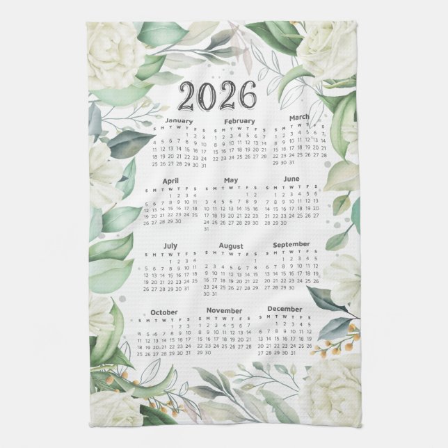 Linge De Cuisine 2026 Calendrier Aquarelle Eucalyptus Blanc Floral (Vertical)