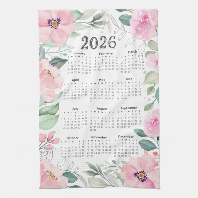 Linge De Cuisine 2026 Calendrier Aquarelle rose pâle Floral (Vertical)