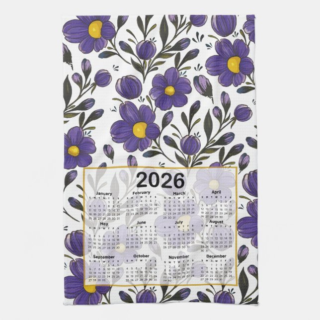 Linge De Cuisine 2026 Calendrier Fleurs violettes bleues avec Feuil (Vertical)
