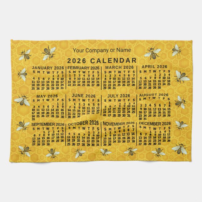 Linge De Cuisine 2026 Year Calendar Bee Honeycomb Apiary Custom (Horizontal)