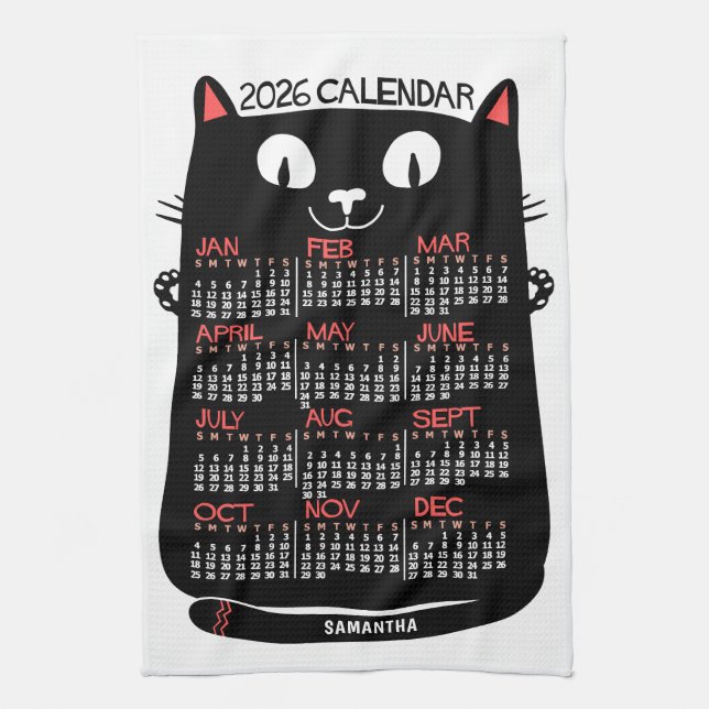 Linge De Cuisine 2026 Year Monthly Calendar Mid-Century Black Cat (Vertical)