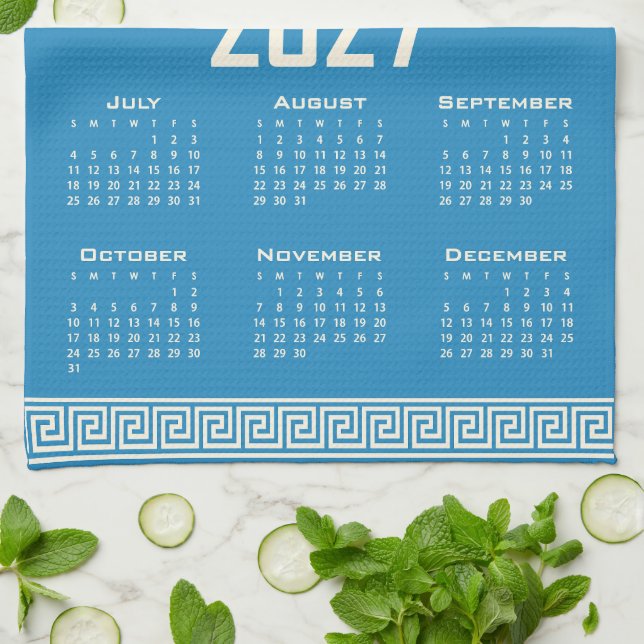 Linge De Cuisine 2027 Calendar, Greek Fret, Cosmic Latte on Blue (Plié)