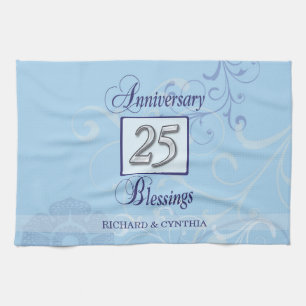 Linge De Cuisine 25e anniversaire en bleu et argent