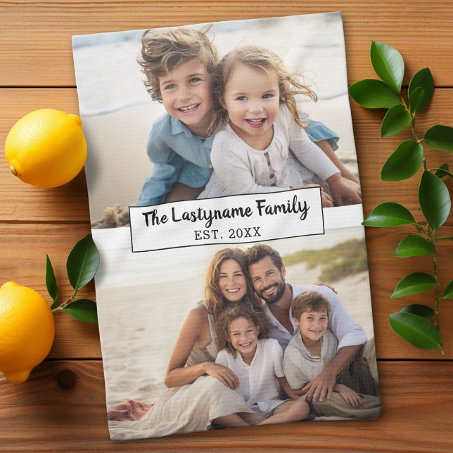 Linge De Cuisine 2 Photo Collage Nom de famille - Photos horizontal (Custom Kitchen Towel with Photo Collage)