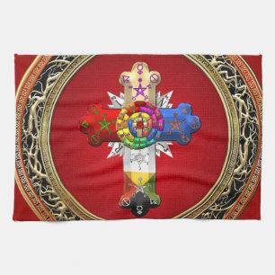 Linge De Cuisine [300] Rosy Cross (Croix Rose) sur Red & Gold