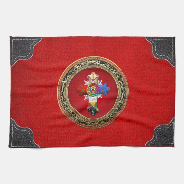 Linge De Cuisine [300] Rosy Cross (Croix Rose) sur Red & Gold (Horizontal)