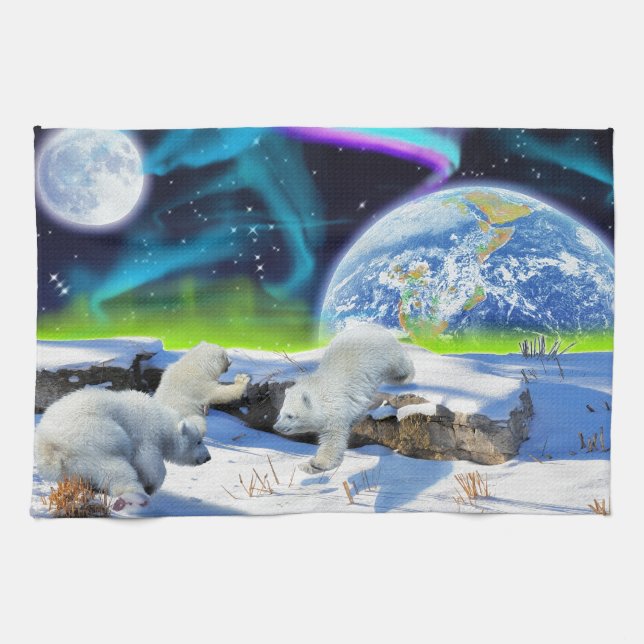 Linge De Cuisine 3 cubes d'ours polaires jouant dans la neige - Art (Horizontal)