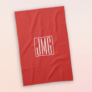 Linge De Cuisine 3 Initiales Monogramme   Rouge & Blanc (ou couleur