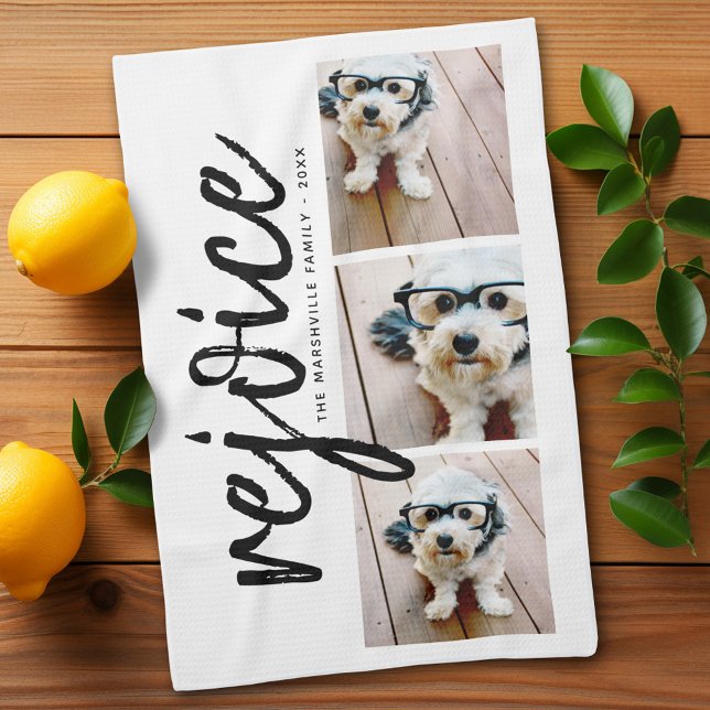 Linge De Cuisine 3 Photo avec Moderne Joyeux Noël Réjouissez (Add 3 photos - personalized kitchen towel)