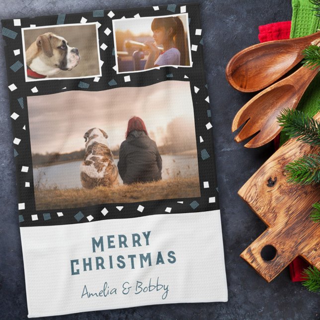 Linge De Cuisine 3 Photo Collage moderne noir blanc bleu Noël (Créateur téléchargé)