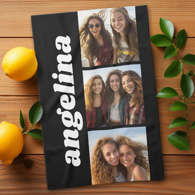 Linge De Cuisine 3 Photos tendance avec Nom Chunky - Noir (Custom Kitchen Towel with a Photo Collage)