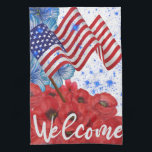 Linge De Cuisine 4 juillet d'accueil<br><div class="desc">Bienvenue 4 juillet avec drapeau américain et fleurs d'aquarelle</div>