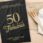 Linge De Cuisine 50 et fabuleux ornement élégant 50e anniversaire<br><div class="desc">50 et fabuleux ornement élégant 50e anniversaire Serviette de cuisine noire. 50 et dire fabuleux en écriture dorée et un ornement d'or. Personnalisez-le avec votre nom et l'âge.</div>