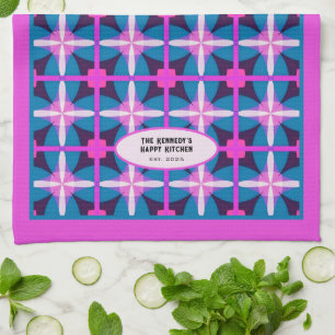 Linge De Cuisine 60s Abstrait bleu rose Flore Kaleidoscope Design