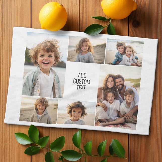 Linge De Cuisine 6 photo collage - arrière - plan blanc - texte noi (Custom Kitchen Towel with Photo Collage)