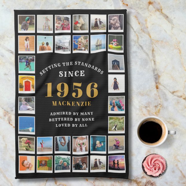Linge De Cuisine 70th Birthday 1956 Family Memories Photo Collage  (1956 Kitchen towel. Marble background.)