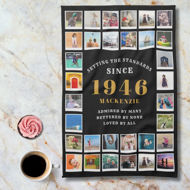 Linge De Cuisine 80th Birthday Family Memories Photo Collage  (1946 kitchen towel. Marble background.)