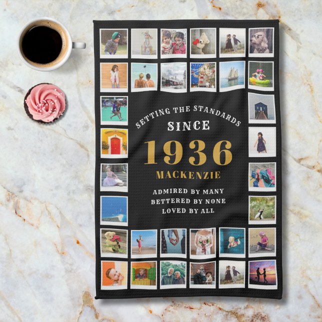 Linge De Cuisine 90th Birthday Family Memories Photo Collage  (1936 tea towel. Background marble worktop.)
