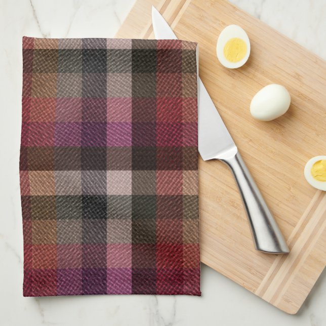Linge De Cuisine À carreaux rouge, gris et framboise texturés. (Quart Plié)
