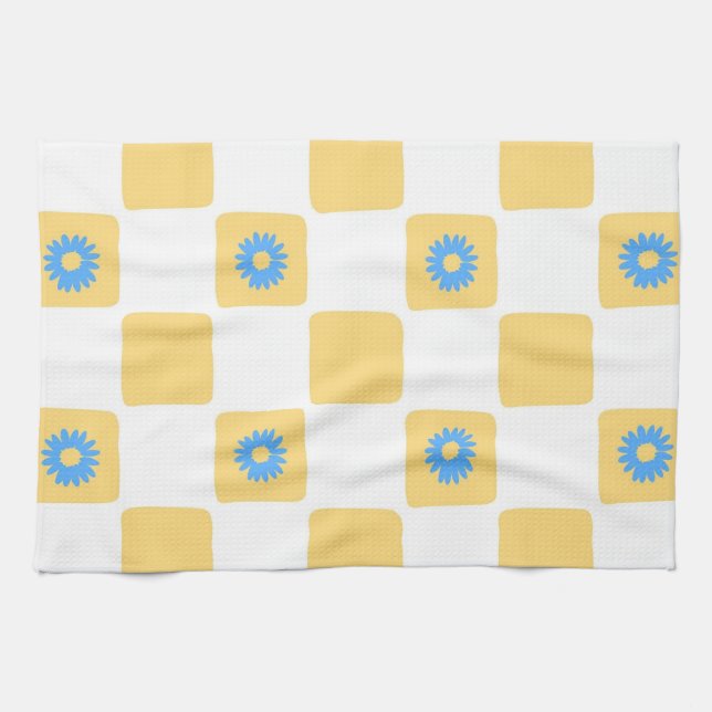 Linge De Cuisine À damiers Jaune Blanc Avec Motif Fleur Bleu (Horizontal)