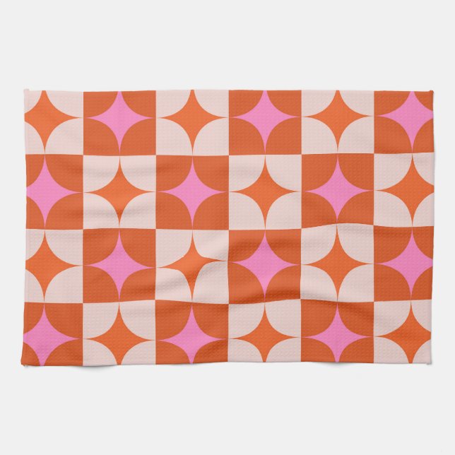 Linge De Cuisine à damiers Mi-Siècle Rose Orange Starburs (Horizontal)