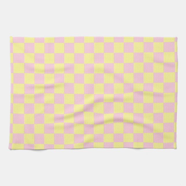Linge De Cuisine à damiers rose et jaune doux (Horizontal)