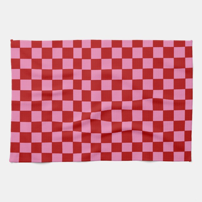 Linge De Cuisine à damiers rouge et rose chaud (Horizontal)