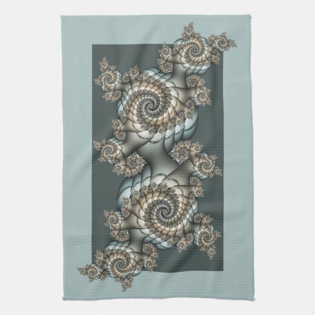 Linge De Cuisine Abstrait Beige clair Bleu Fractal Art Spirales (Vertical)