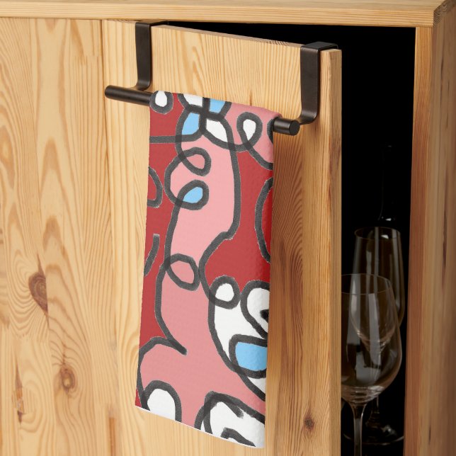 Linge De Cuisine Abstrait Floral rouge, rose et bleu (Pliage en tiers)