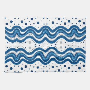 Linge De Cuisine Abstrait Marocain Blanc & Bleu Lignes et Points On