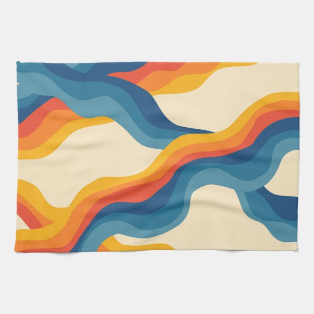 Linge De Cuisine Abstrait Orange Bleu Rétro Vague Gras Moderne (Horizontal)