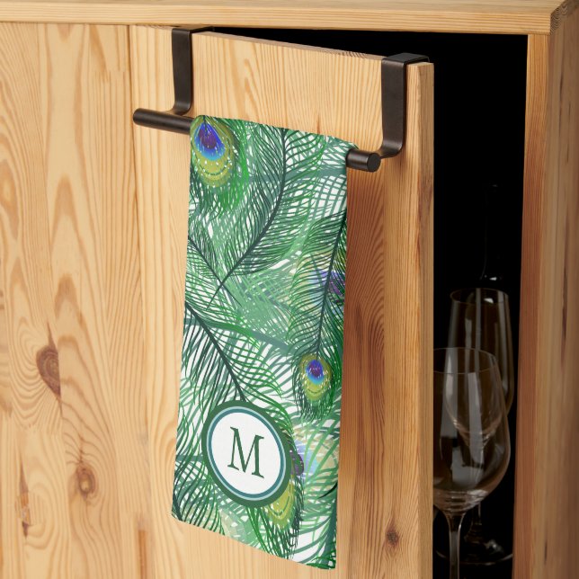 Linge De Cuisine Abstrait Peacock Feathers Motif Monogramme (Pliage en tiers)