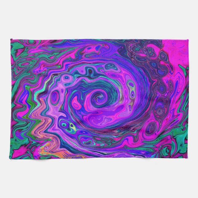 Linge De Cuisine Abstrait Rétro Groovy Tourbillon Magenta et Violet (Horizontal)